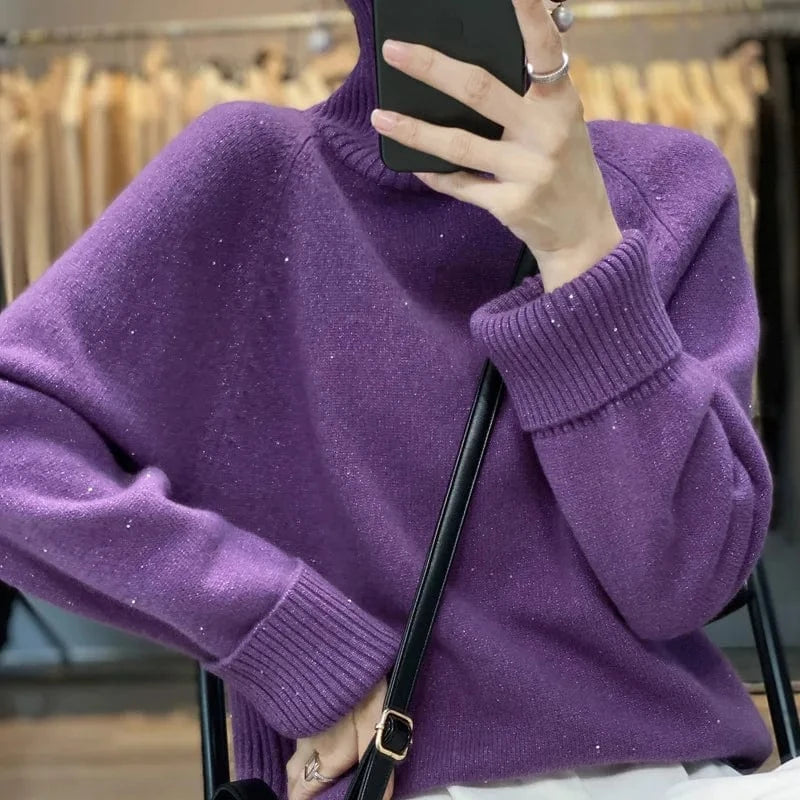 2024 autumn high-quality fashion women's best-selling solid color long-sleeved turtleneck loose pullover sweater