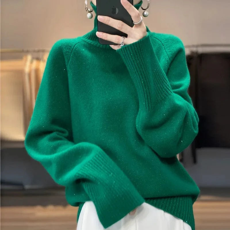 2024 autumn high-quality fashion women's best-selling solid color long-sleeved turtleneck loose pullover sweater