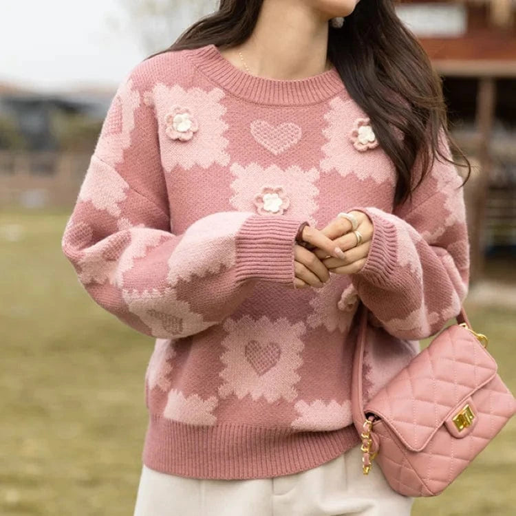 2024 autumn new arrival crew-neck fashion women's high-quality simple plaid jacquard long-sleeved solid color pullover sweater