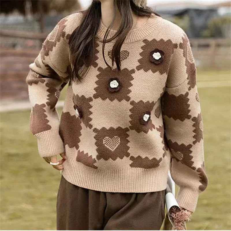 2024 autumn new arrival crew-neck fashion women's high-quality simple plaid jacquard long-sleeved solid color pullover sweater