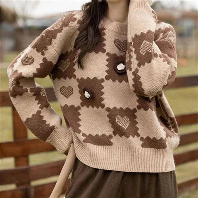 2024 autumn new arrival crew-neck fashion women's high-quality simple plaid jacquard long-sleeved solid color pullover sweater