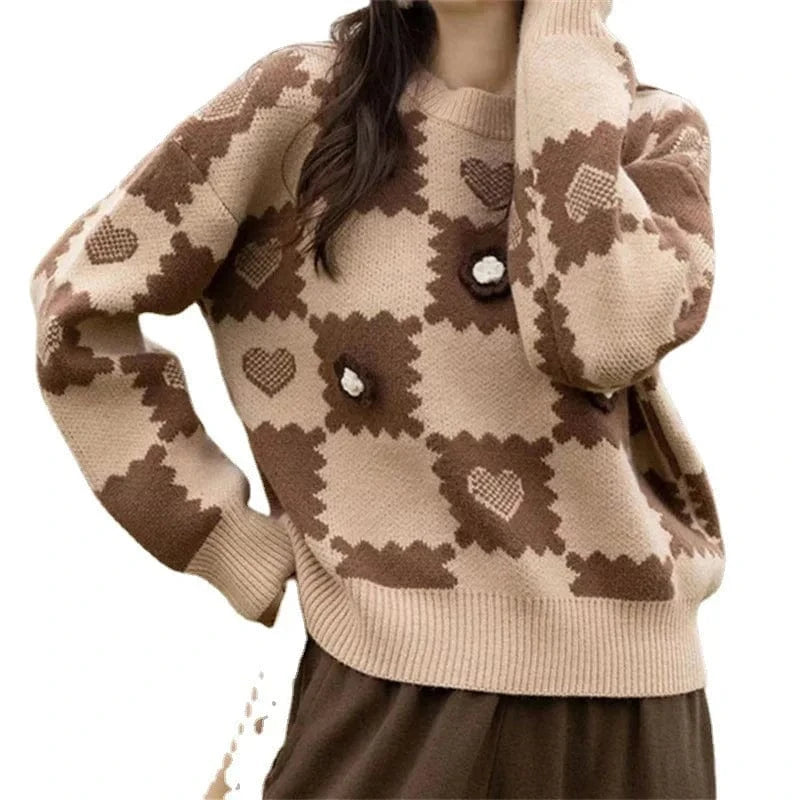 2024 autumn new arrival crew-neck fashion women's high-quality simple plaid jacquard long-sleeved solid color pullover sweater