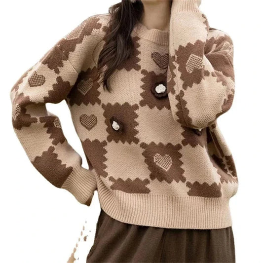 2024 autumn new arrival crew-neck fashion women's high-quality simple plaid jacquard long-sleeved solid color pullover sweater