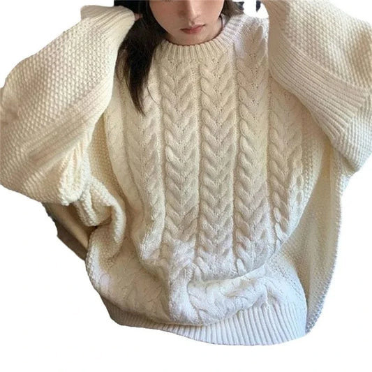 2024 Autumn new arrival fashion girls crew neck batwing sleeve plus size loose fit cable knit women sweaters