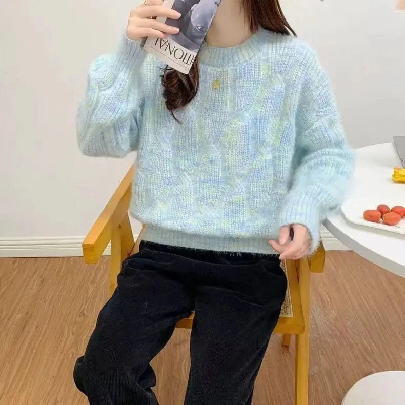 2024 autumn new arrival fashion lady crew neck long sleeve free size cable knit pullover sweater