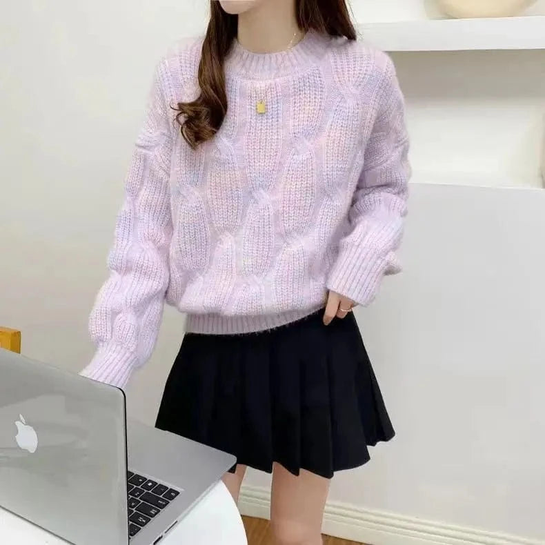 2024 autumn new arrival fashion lady crew neck long sleeve free size cable knit pullover sweater