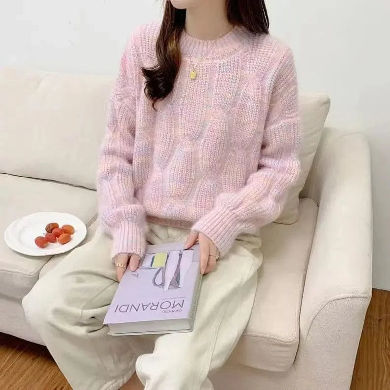 2024 autumn new arrival fashion lady crew neck long sleeve free size cable knit pullover sweater