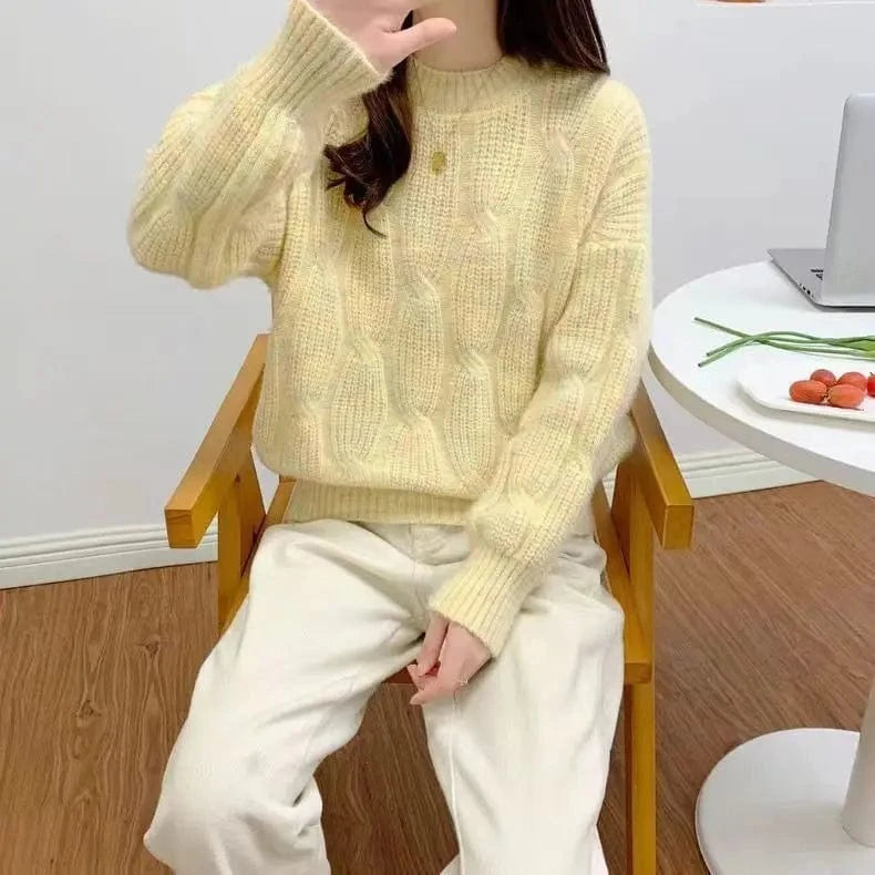 2024 autumn new arrival fashion lady crew neck long sleeve free size cable knit pullover sweater