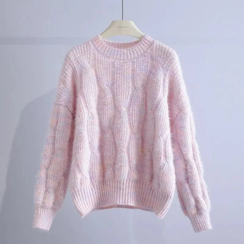 2024 autumn new arrival fashion lady crew neck long sleeve free size cable knit pullover sweater