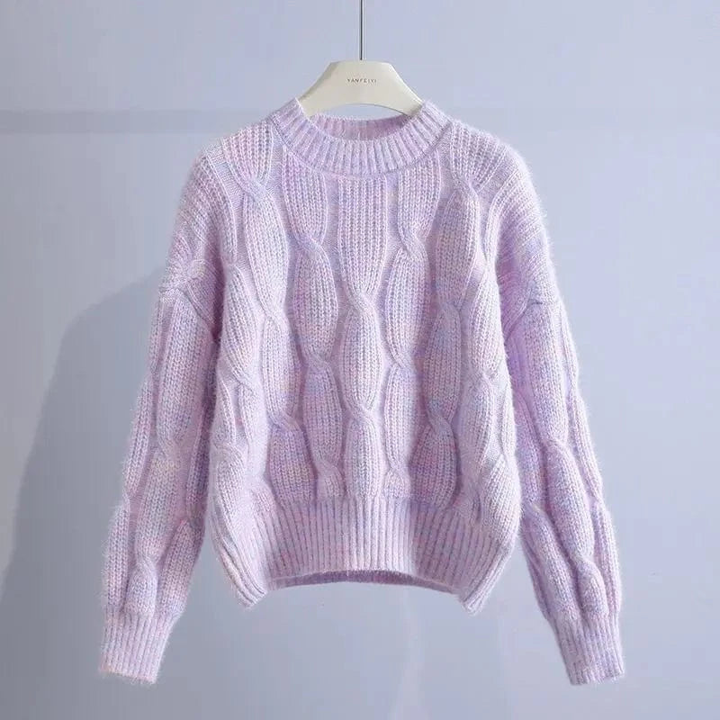 2024 autumn new arrival fashion lady crew neck long sleeve free size cable knit pullover sweater
