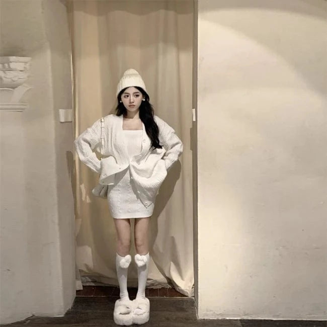 2024 Autumn new arrival fashion lady off shoulder sleeveless body fit dress and long sleeve open front loose cardigan set