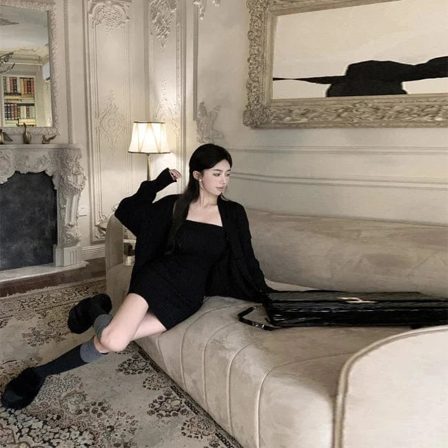 2024 Autumn new arrival fashion lady off shoulder sleeveless body fit dress and long sleeve open front loose cardigan set