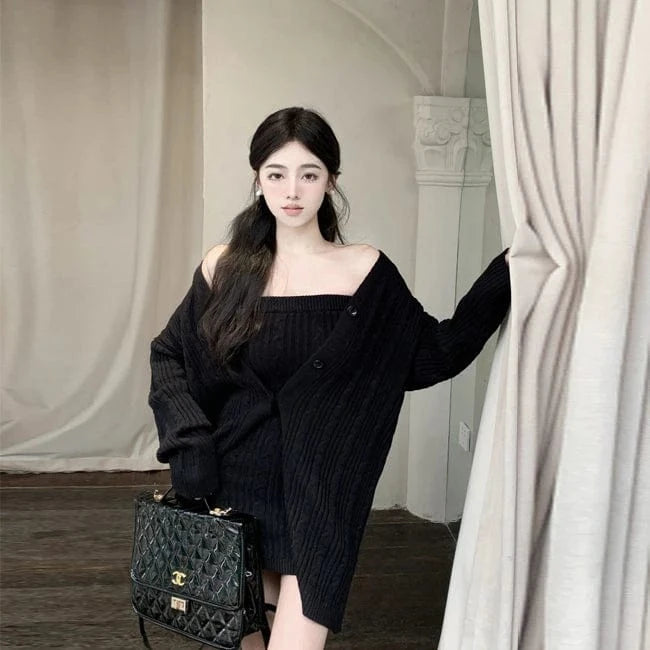 2024 Autumn new arrival fashion lady off shoulder sleeveless body fit dress and long sleeve open front loose cardigan set