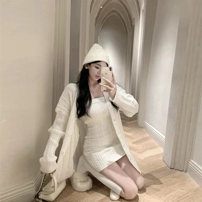 2024 Autumn new arrival fashion lady off shoulder sleeveless body fit dress and long sleeve open front loose cardigan set