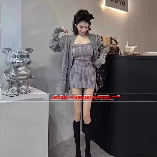 2024 Autumn new arrival fashion lady off shoulder sleeveless body fit dress and long sleeve open front loose cardigan set