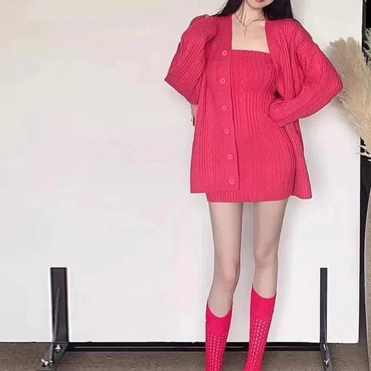 2024 Autumn new arrival fashion lady off shoulder sleeveless body fit dress and long sleeve open front loose cardigan set