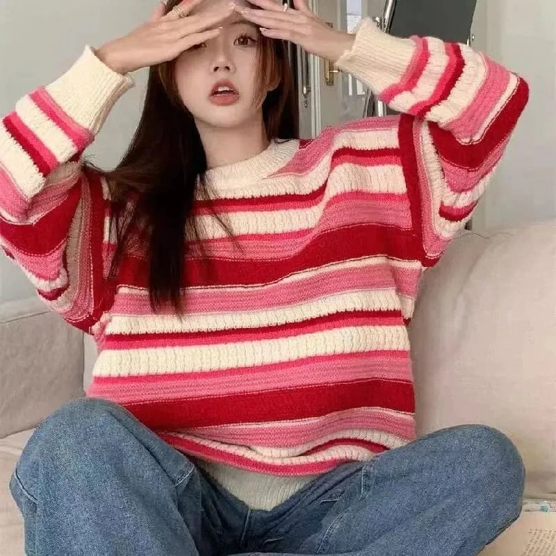 2024 autumn new arrival high-quality fashion women's crewneck long sleeve striped loose large size pullover sweater