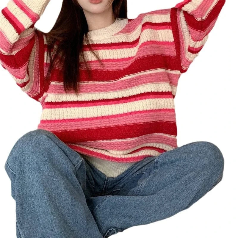 2024 autumn new arrival high-quality fashion women's crewneck long sleeve striped loose large size pullover sweater