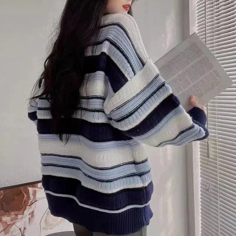 2024 autumn new arrival high-quality fashion women's crewneck long sleeve striped loose large size pullover sweater