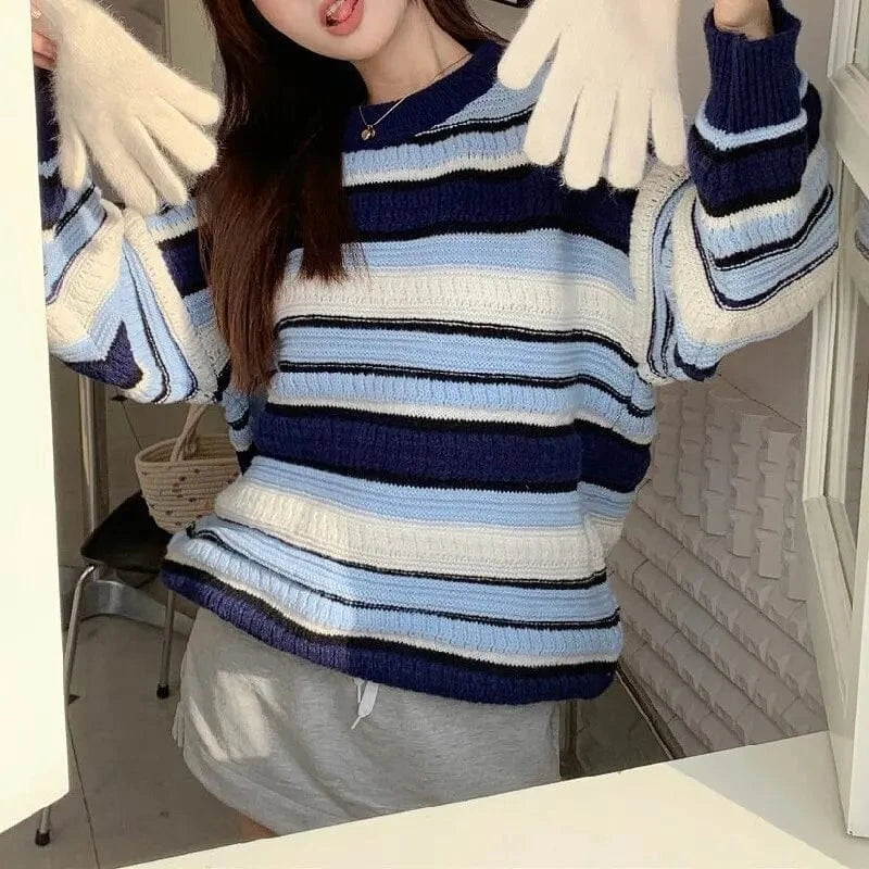 2024 autumn new arrival high-quality fashion women's crewneck long sleeve striped loose large size pullover sweater