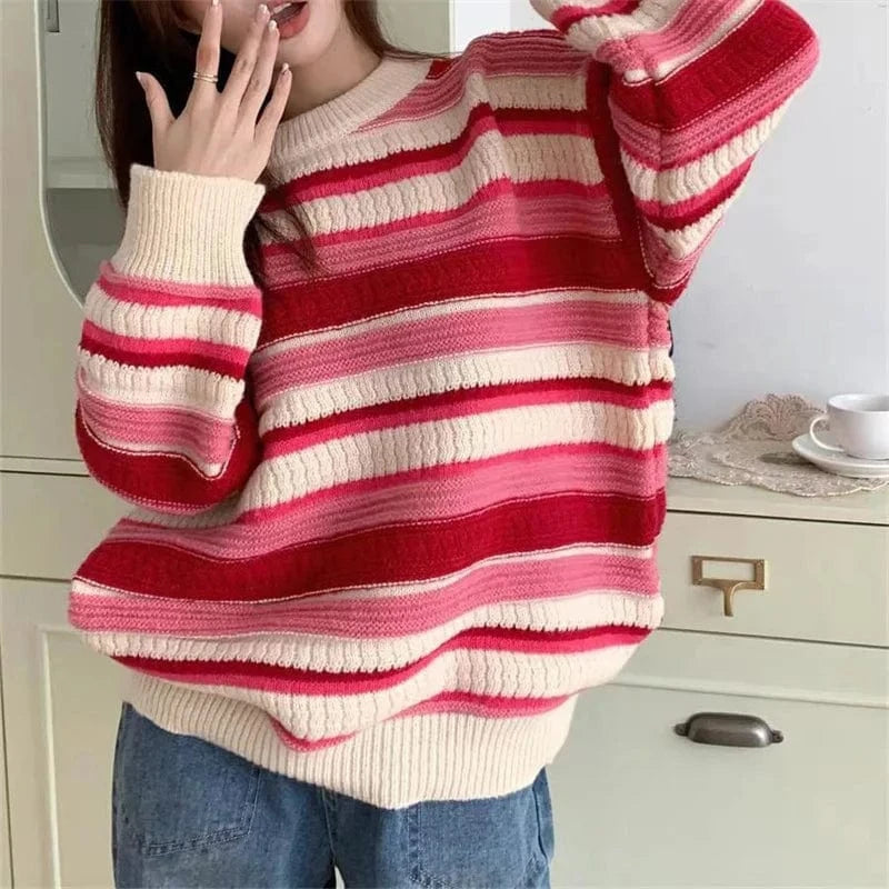 2024 autumn new arrival high-quality fashion women's crewneck long sleeve striped loose large size pullover sweater