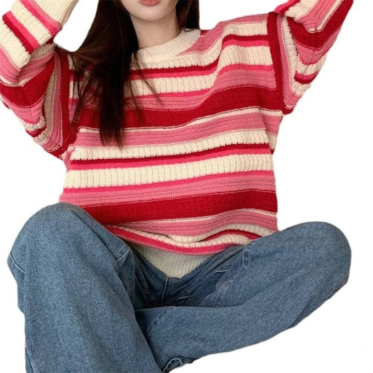 2024 autumn new arrival high-quality fashion women's crewneck long sleeve striped loose large size pullover sweater