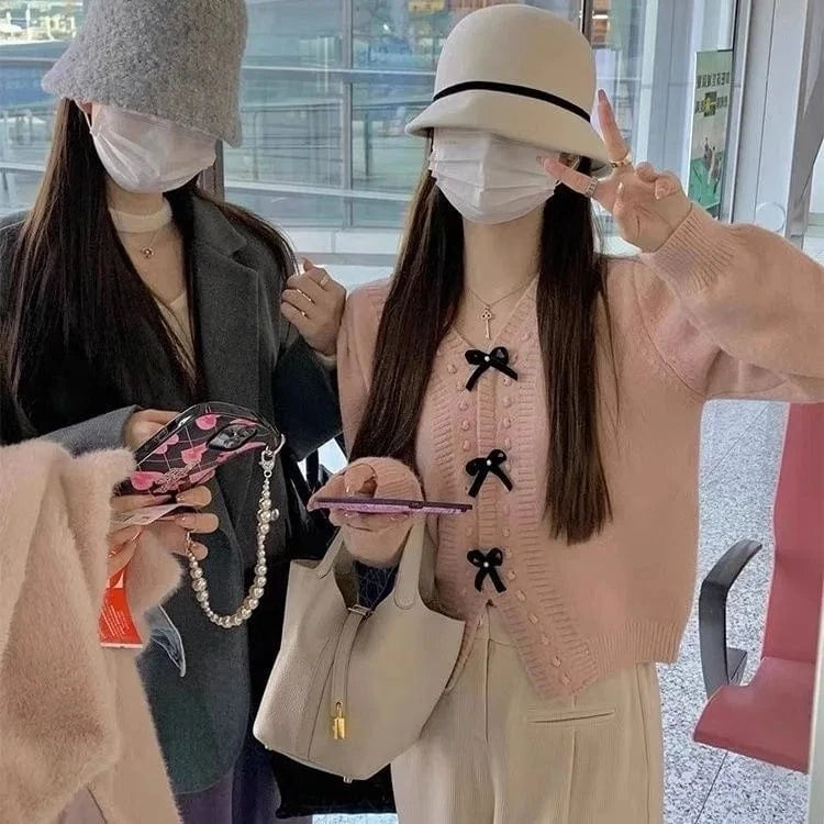 2024 autumn new arrival high quality V-neck bow beautiful girl pure color fresh sweet loose women's knitted coat