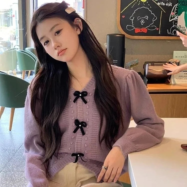2024 autumn new arrival high quality V-neck bow beautiful girl pure color fresh sweet loose women's knitted coat
