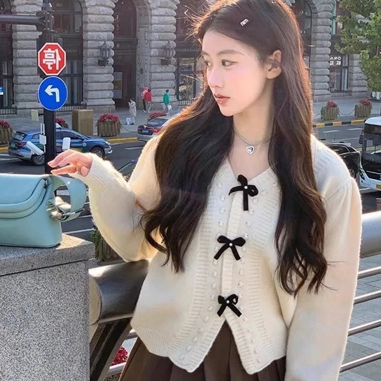 2024 autumn new arrival high quality V-neck bow beautiful girl pure color fresh sweet loose women's knitted coat