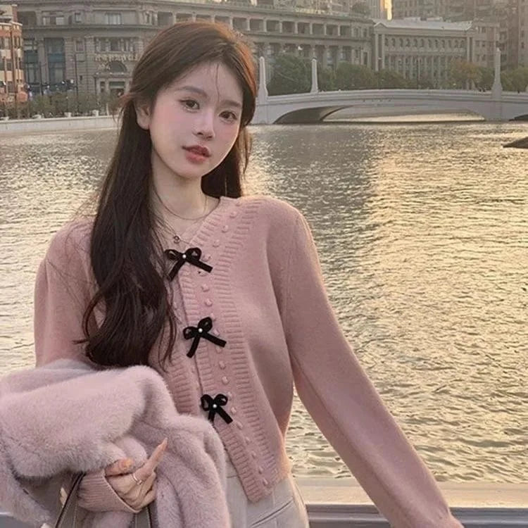 2024 autumn new arrival high quality V-neck bow beautiful girl pure color fresh sweet loose women's knitted coat