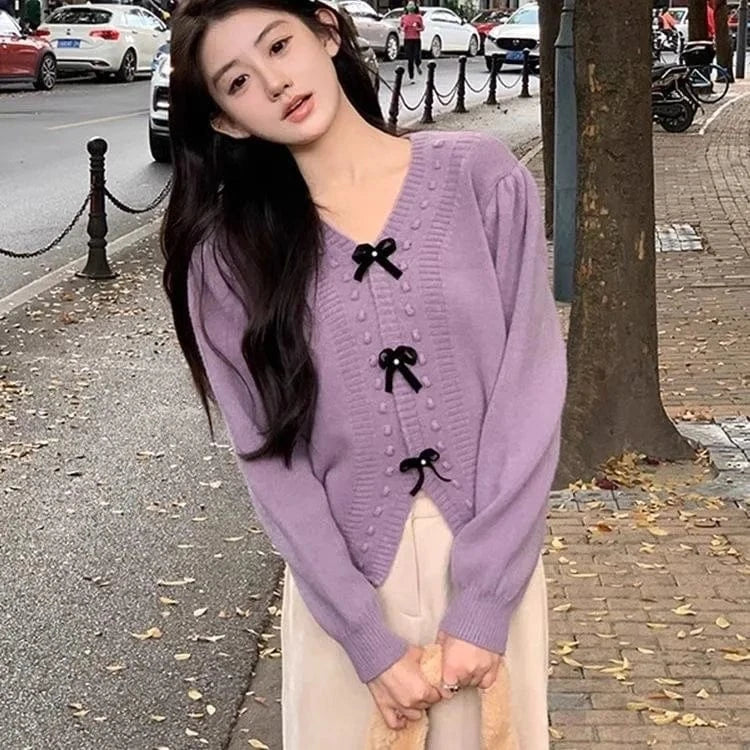 2024 autumn new arrival high quality V-neck bow beautiful girl pure color fresh sweet loose women's knitted coat