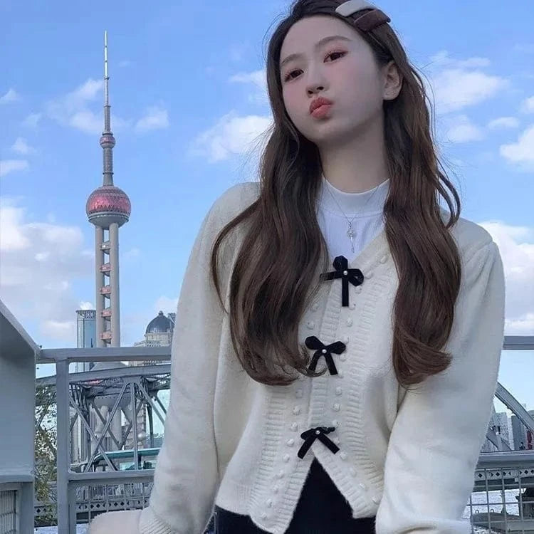 2024 autumn new arrival high quality V-neck bow beautiful girl pure color fresh sweet loose women's knitted coat