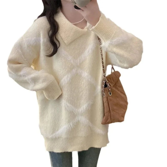 2024 autumn new arrival loose collar long sleeve plus size grid pullover sweater