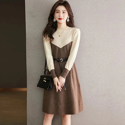 2024 Autumn new arrival women solid color crew neck belted waist knitted dress
