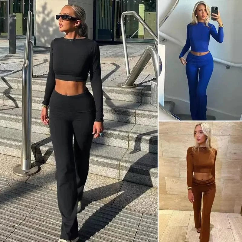 2024 Autumn New European and American Style Fashion Casual Long sleeved Top High Waist Wrap Hip Long Pants Women's Set