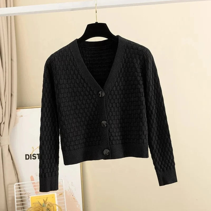 2024 Autumn New Loose V-Neck Long-Sleeved Thin Sweater Knitted Cardigan Women's Short Top Coat