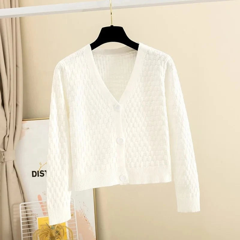 2024 Autumn New Loose V-Neck Long-Sleeved Thin Sweater Knitted Cardigan Women's Short Top Coat