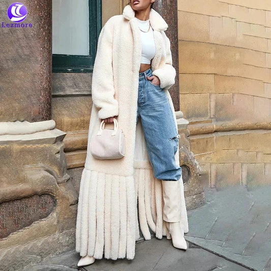 2024 autumn new niche design sense of wool-like long coat for women suit collar plush splicing wool strip women's long coat