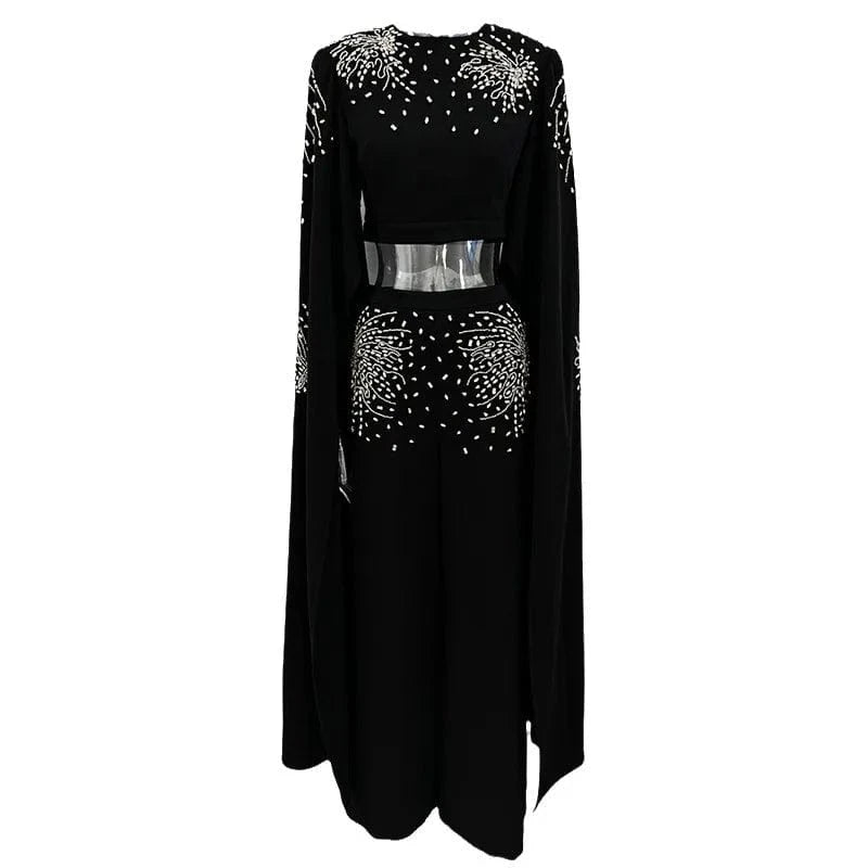 2024 autumn new star fashion lotus sleeve with diamond nail beads short women's tops trousers black women's sets