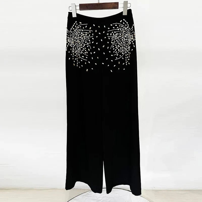 2024 autumn new star fashion lotus sleeve with diamond nail beads short women's tops trousers black women's sets