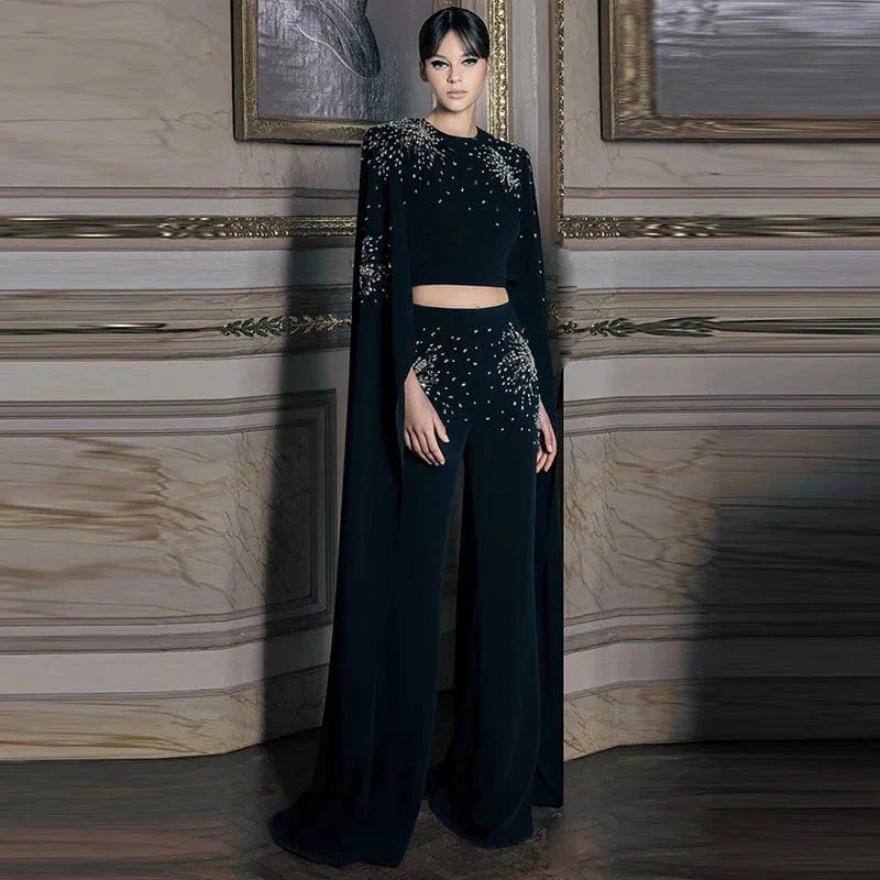 2024 autumn new star fashion lotus sleeve with diamond nail beads short women's tops trousers black women's sets