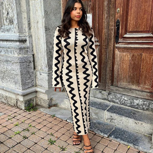 2024 Autumn Party Flared dress Women Knit Long Sleeve Skinny Sexy Hollow Out Wave old clothes Jacquard Knit Maxi Dress Women's