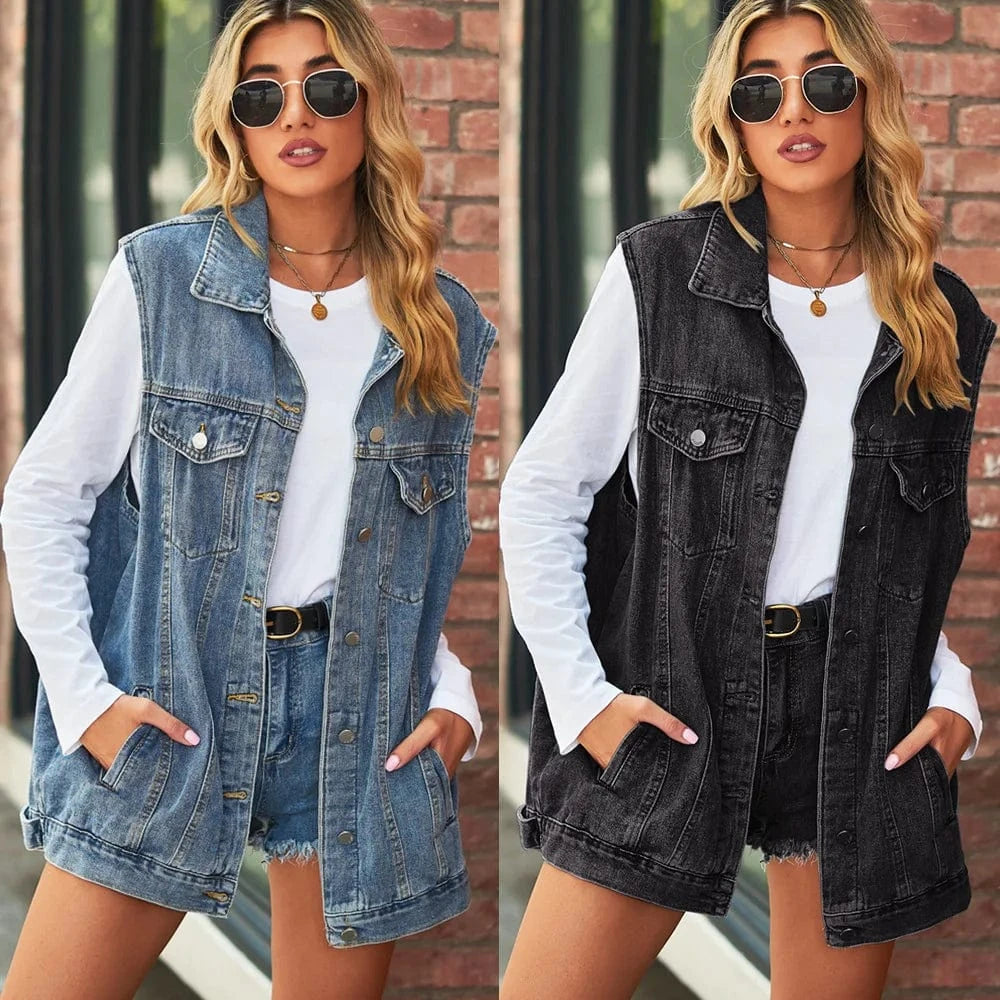 2024 Autumn Sleeveless Women'S Vest Solid Color Retro Denim Vest Jacket Loose Coat Gilet