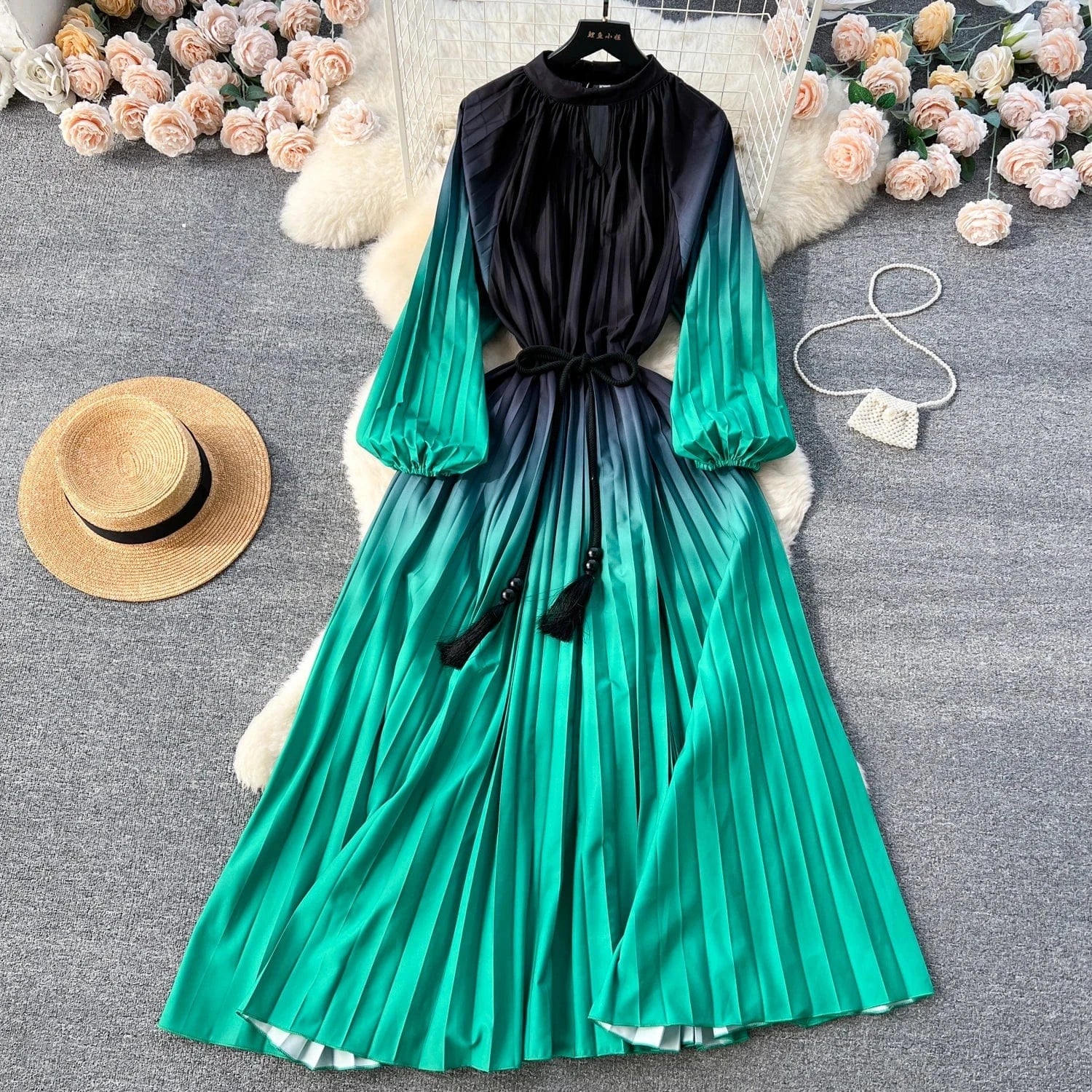 2024 Autumn Vintage Tunic Slim Pleated Dress For Women O-neck Long Sleeve Printed Lace Dresses Ladies Retro Dresses Clothes Wome