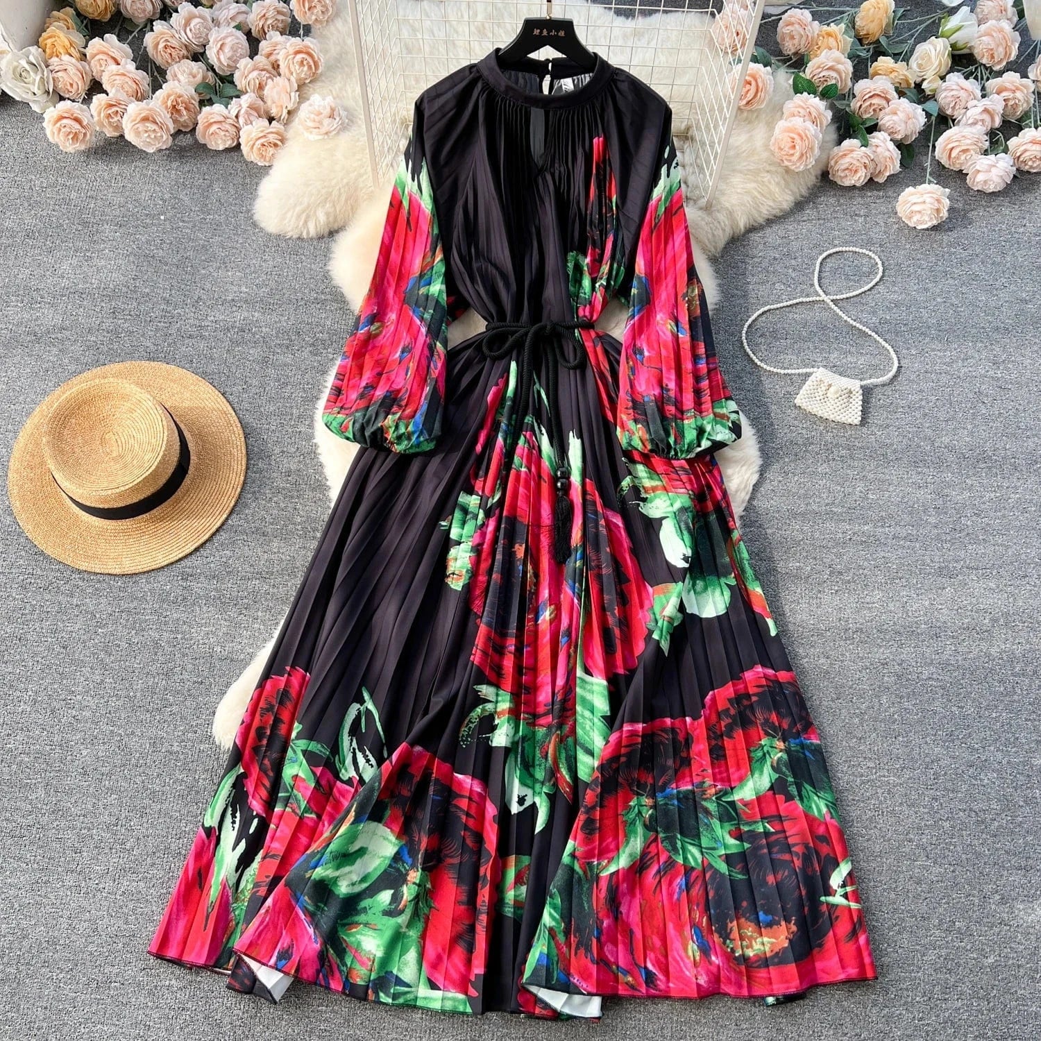 2024 Autumn Vintage Tunic Slim Pleated Dress For Women O-neck Long Sleeve Printed Lace Dresses Ladies Retro Dresses Clothes Wome