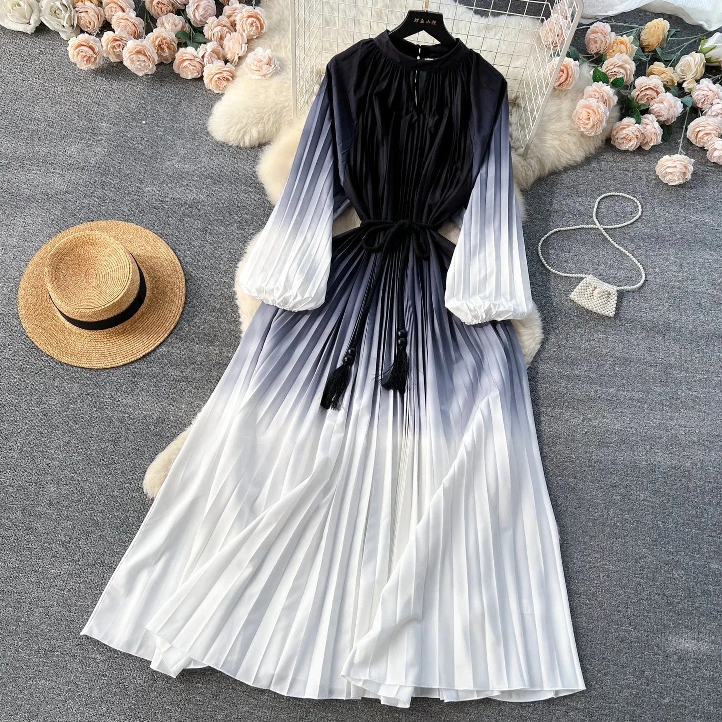 2024 Autumn Vintage Tunic Slim Pleated Dress For Women O-neck Long Sleeve Printed Lace Dresses Ladies Retro Dresses Clothes Wome