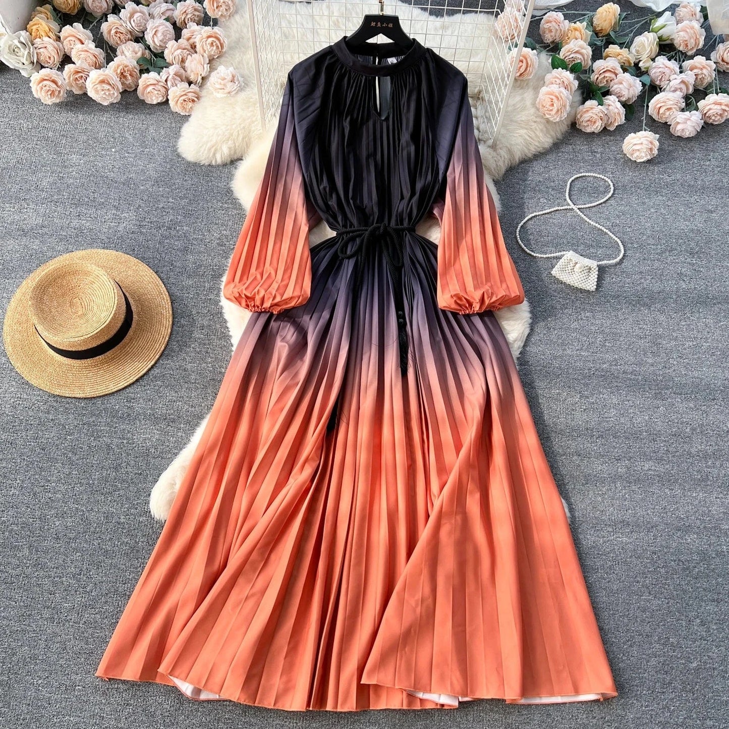 2024 Autumn Vintage Tunic Slim Pleated Dress For Women O-neck Long Sleeve Printed Lace Dresses Ladies Retro Dresses Clothes Wome