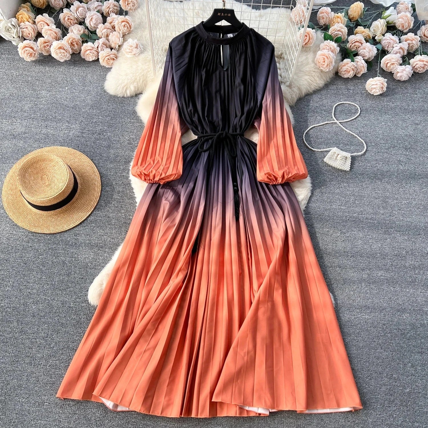 2024 Autumn Vintage Tunic Slim Pleated Dress For Women O-neck Long Sleeve Printed Lace Dresses Ladies Retro Dresses Clothes Wome