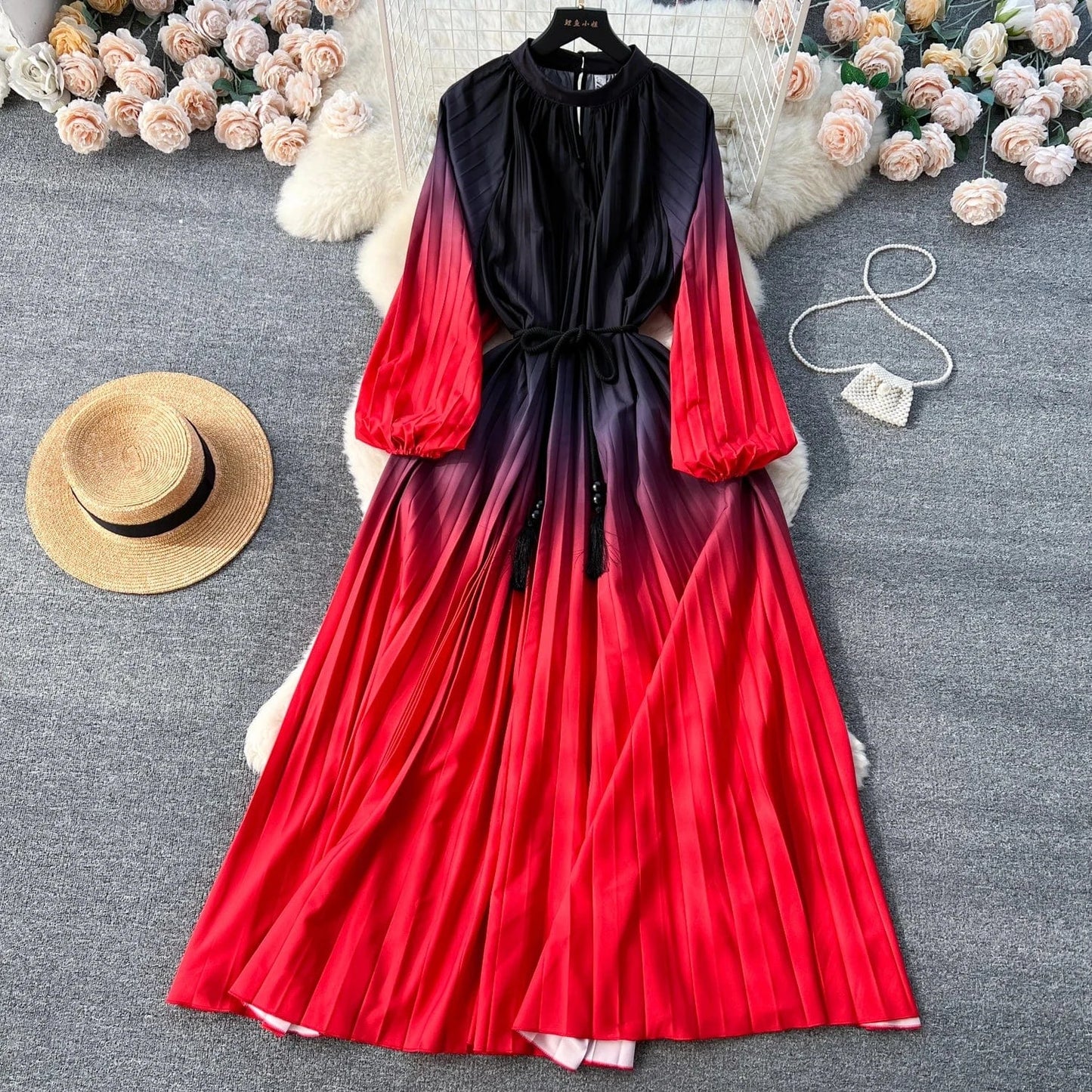 2024 Autumn Vintage Tunic Slim Pleated Dress For Women O-neck Long Sleeve Printed Lace Dresses Ladies Retro Dresses Clothes Wome