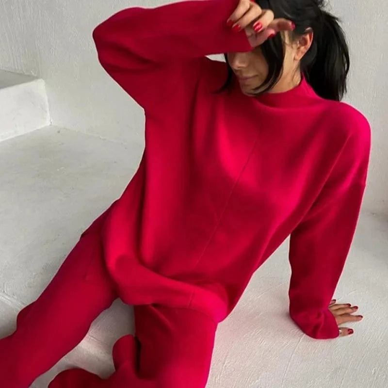 2024 Autumn Wholesale Fashion Loose Solid Color Split Top Warm Thick Knit Pullover Long Pants Suit Women's 2 Piece Sweater
